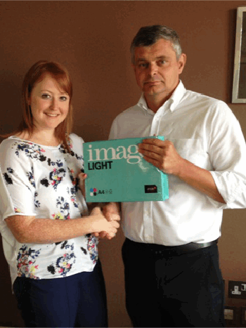 Kevin Farrell, Merchandising Director at Almo Office scoops trip to FIFA World Cup Final in Brazil courtesy of Antalis in its Image Yourself Competition. R-L is Kevin and Antalis Account Manager Marie Challis